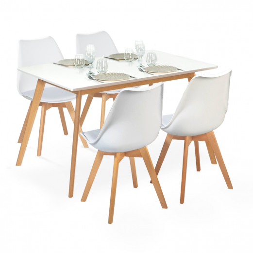 Ensemble table à manger extensible INGA 120-160 cm et 4 chaises SARA blanches design scandinave