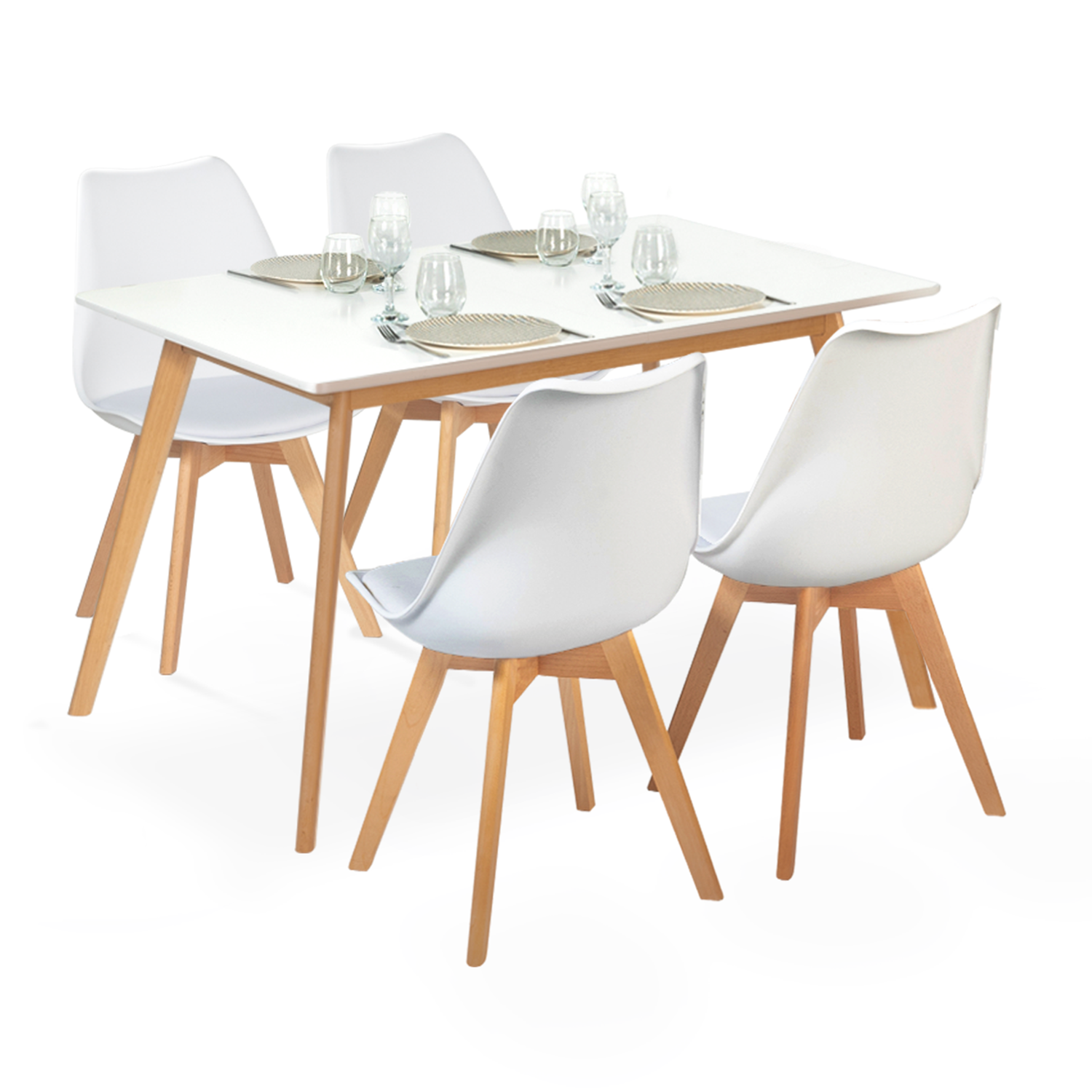 Ensemble Table de Salle à Manger Rectangulaire Blanc pour 4 Personnes + 4  Chaises Scandinave pour Cuisine, Salon, Bureau
