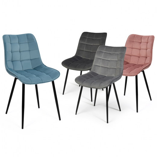 Lot de 4 chaises MADY en velours mix color pastel bleu, gris clair, gris foncé, rose