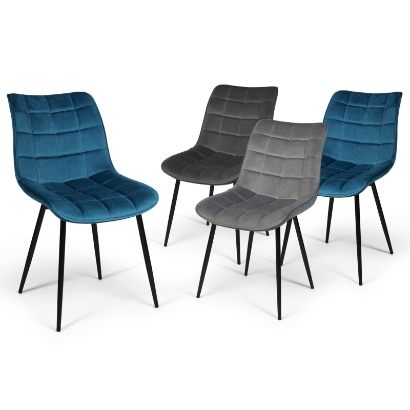 Chaises en velours bleu x2, gris clair et foncé, matelassées pieds métal -  MADY