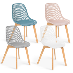 15021 - Set di 4 sedie traforate color pastello di design scandinavo, non abbinate tra loro Lot de 4 chaises MANDY mix color pastel rose, blanc, gris clair et bleu