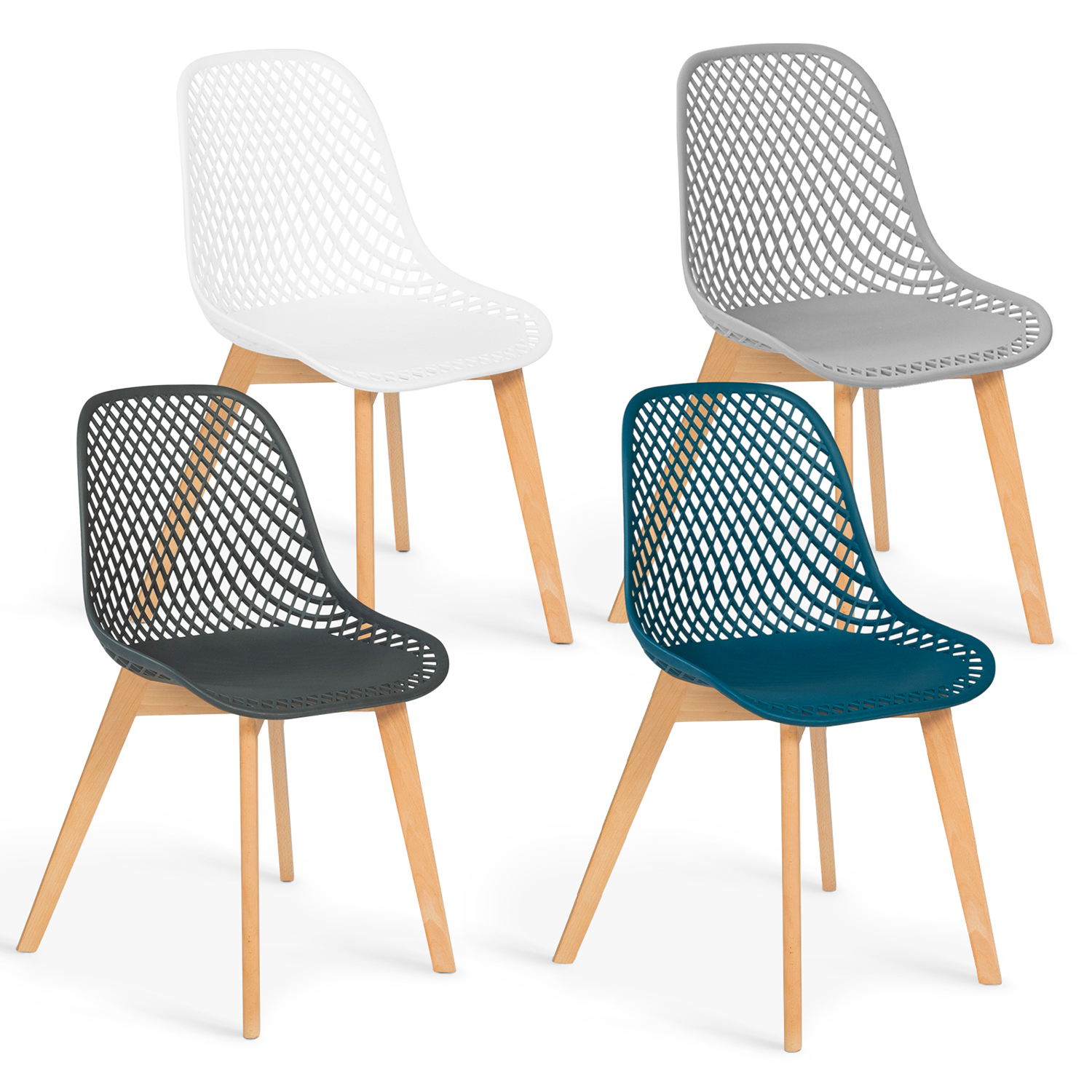 Chaises scandinaves ajourées dépareillées pieds en bois x4 MANDY ID