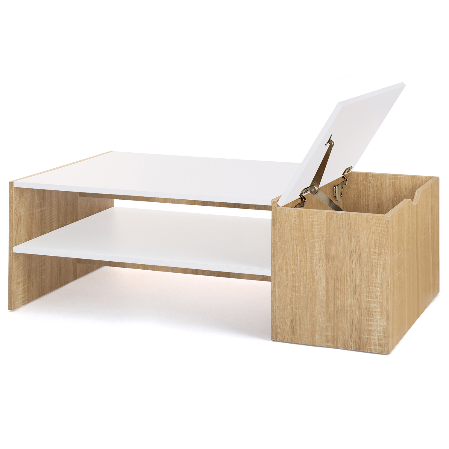 Table basse bar contemporaine IZIA avec coffre bois et plateaux blancs