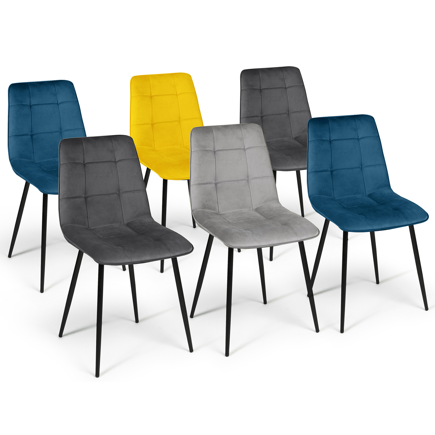 Lot de 6 chaises en velours bleu x2, jaune, gris clair et gris foncé x2 matelassé