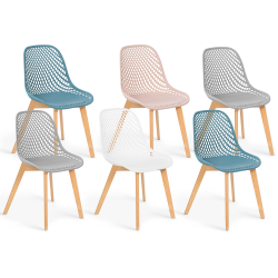 14957 - Sedie scandinave pastello in rosa, bianco, grigio chiaro x2, blu x2 con schienale traforato Lot de 6 chaises MANDY mix color pastel rose, blanc, gris clair X2, bleu X2