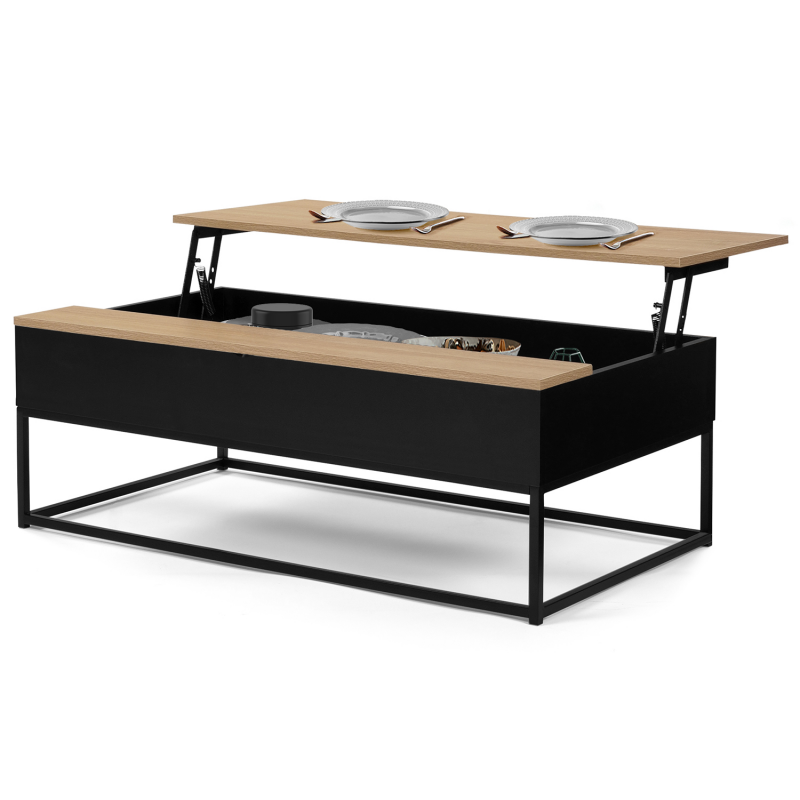 Table basse industrielle noire plateau relevable bois façon hêtre
