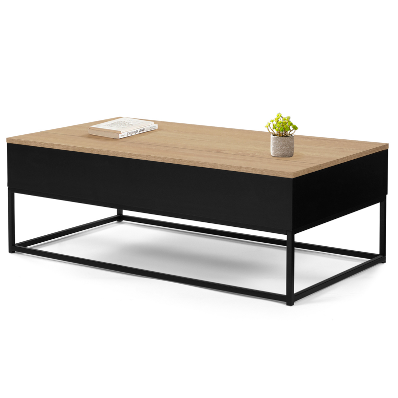 Table basse industrielle noire plateau relevable bois façon hêtre