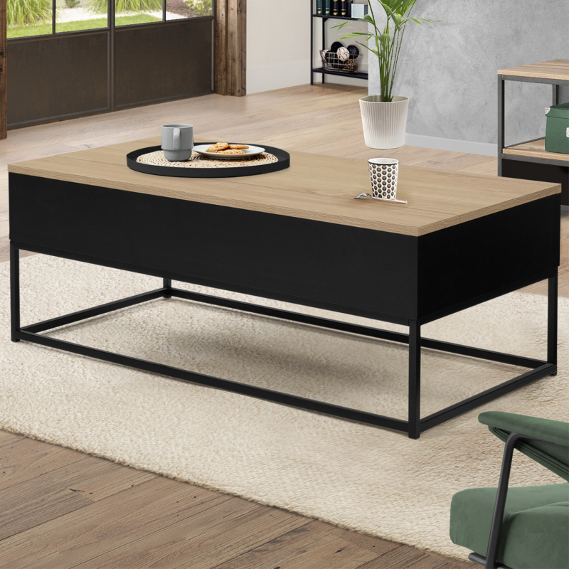 Table basse industrielle noire plateau relevable bois façon hêtre