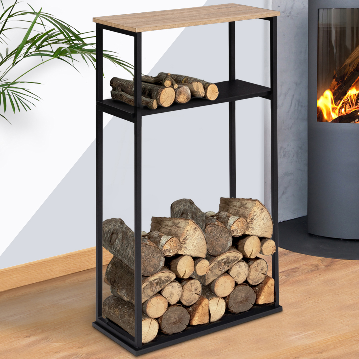 Porte-bûches intérieur vertical 33x66x112 cm en métal noir avec étagère
