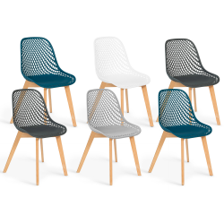 14956 - Blu x2, bianco, grigio chiaro e grigio scuro x2 Sedie scandinave con schienale traforato Lot de 6 chaises MANDY mix color blanc, gris clair, bleu canard x2, gris foncé x2