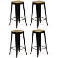 Lot de 4 tabourets de bar LENY métal noir mat assise bois empilable aspect brut factory