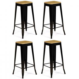 Lot de 4 tabourets de bar LENY métal noir mat assise bois empilable aspect brut factory