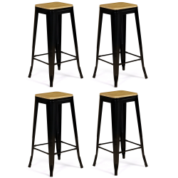 15053 - Sgabelli da bar impilabili in metallo e legno nero x4 Lot de 4 tabourets de bar LENY métal noir mat assise bois empilable aspect brut factory