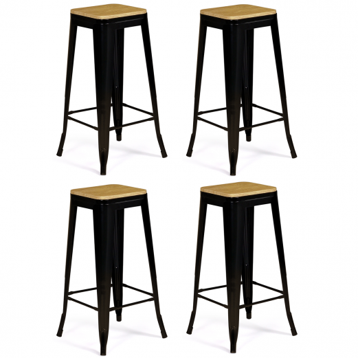 Lot de 4 tabourets de bar LENY métal noir mat assise bois empilable aspect brut factory