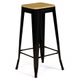 Lot de 4 tabourets de bar LENY métal noir mat assise bois empilable aspect brut factory