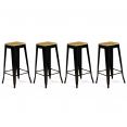 Lot de 4 tabourets de bar LENY métal noir mat assise bois empilable aspect brut factory