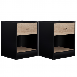 Lot de 2 tables de chevet OLGA bois noir et tiroir façon hêtre Lot de 2 tables de chevet OLGA bois noir et tiroir façon hêtre