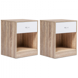 Lot de 2 tables de chevet OLGA bois façon hêtre et tiroir blanc Lot de 2 tables de chevet OLGA bois façon hêtre et tiroir blanc