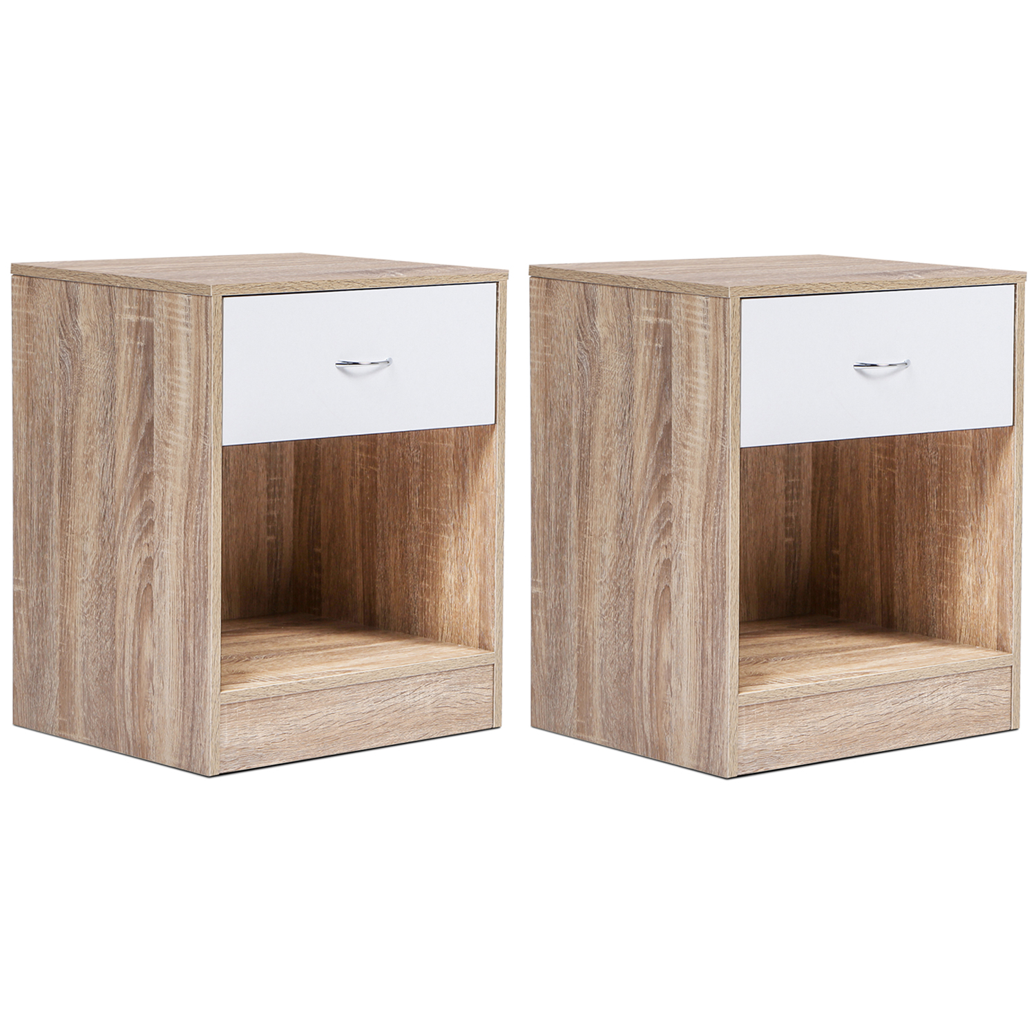 Lot de 2 tables de nuit bois façon hêtre tiroir blanc
