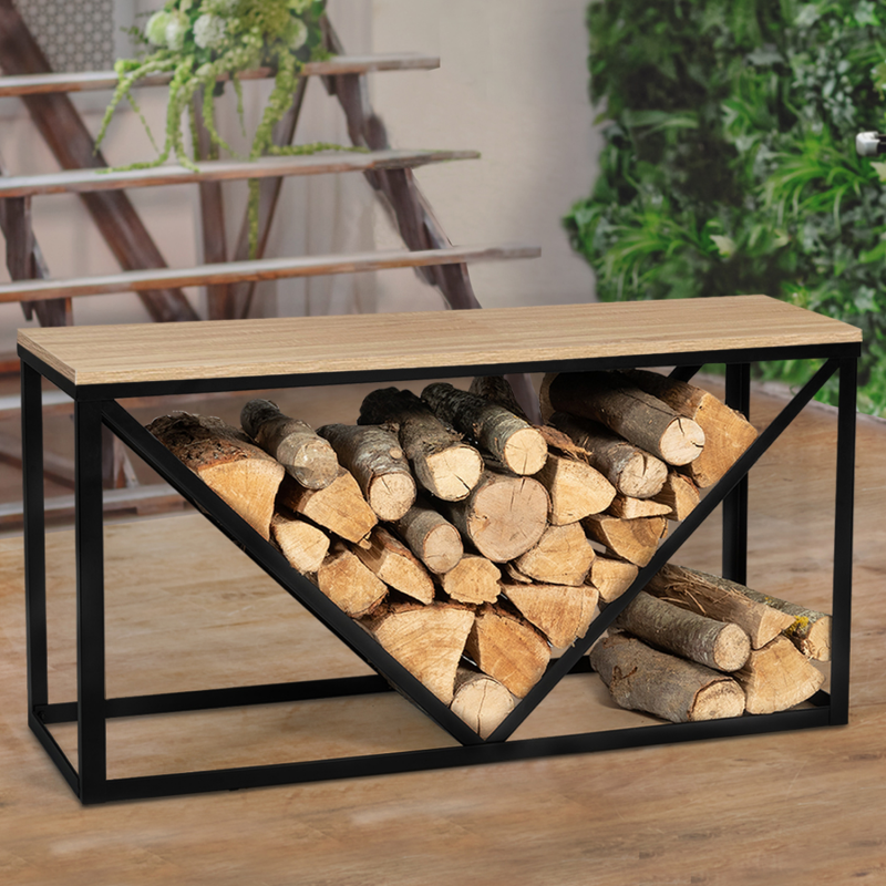 Range bûche horizontal en acier noir étagère bois 100x30x50cm