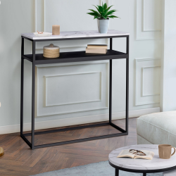 15080 - Consolle in finto marmo e legno nero con base in metallo Console double ALASKA effet marbre et bois noir pied métal