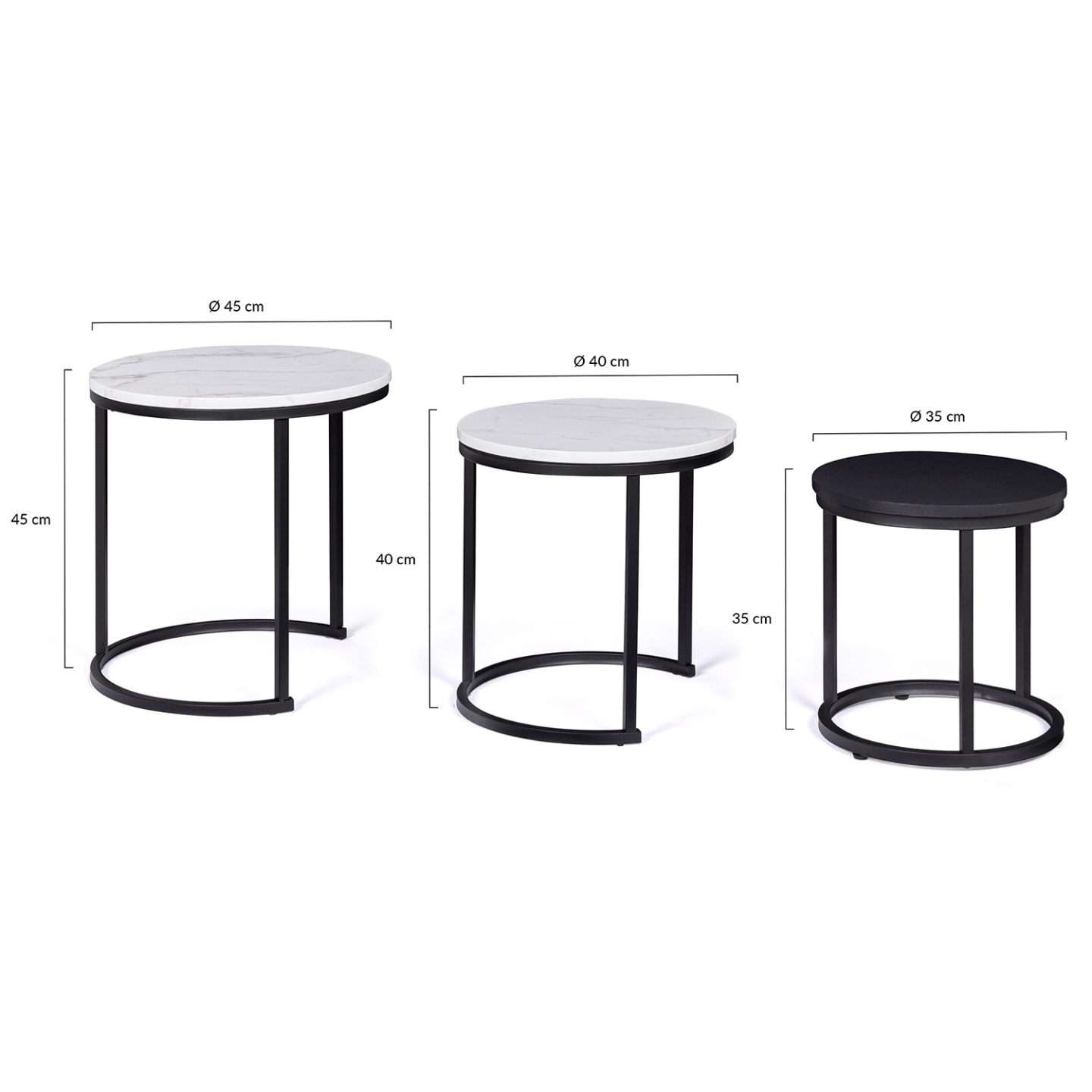 Lot De 2 Tables Basses Gigognes Rondes Effet Marbre - Pieds Métal Noir - Dimensions 70x70 Cm Et 54x54 Cm