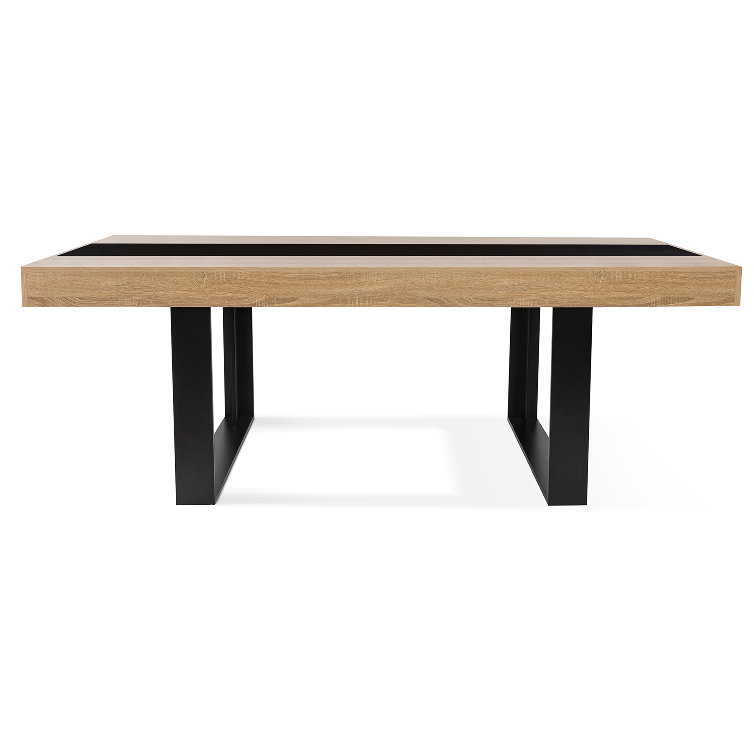 Table à Manger Phoenix 200 Cm - Bois Et Noir - 8 Personnes - Style Industriel Avec Bande Centrale Noire