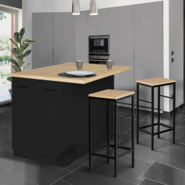 Ensemble ilot IVO 120 cm bois noir avec plan de travail façon hêtre et 2 tabourets DETROIT Ensemble ilot IVO 120 cm bois noir avec plan de travail façon hêtre et 2 tabourets DETROIT