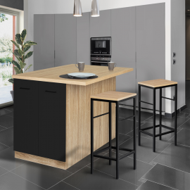 Ensemble ilot IVO 120 cm bois façon hêtre portes noires avec plan de travail et 2 tabourets DETROIT Ensemble ilot IVO 120 cm bois façon hêtre portes noires avec plan de travail et 2 tabourets DETROIT