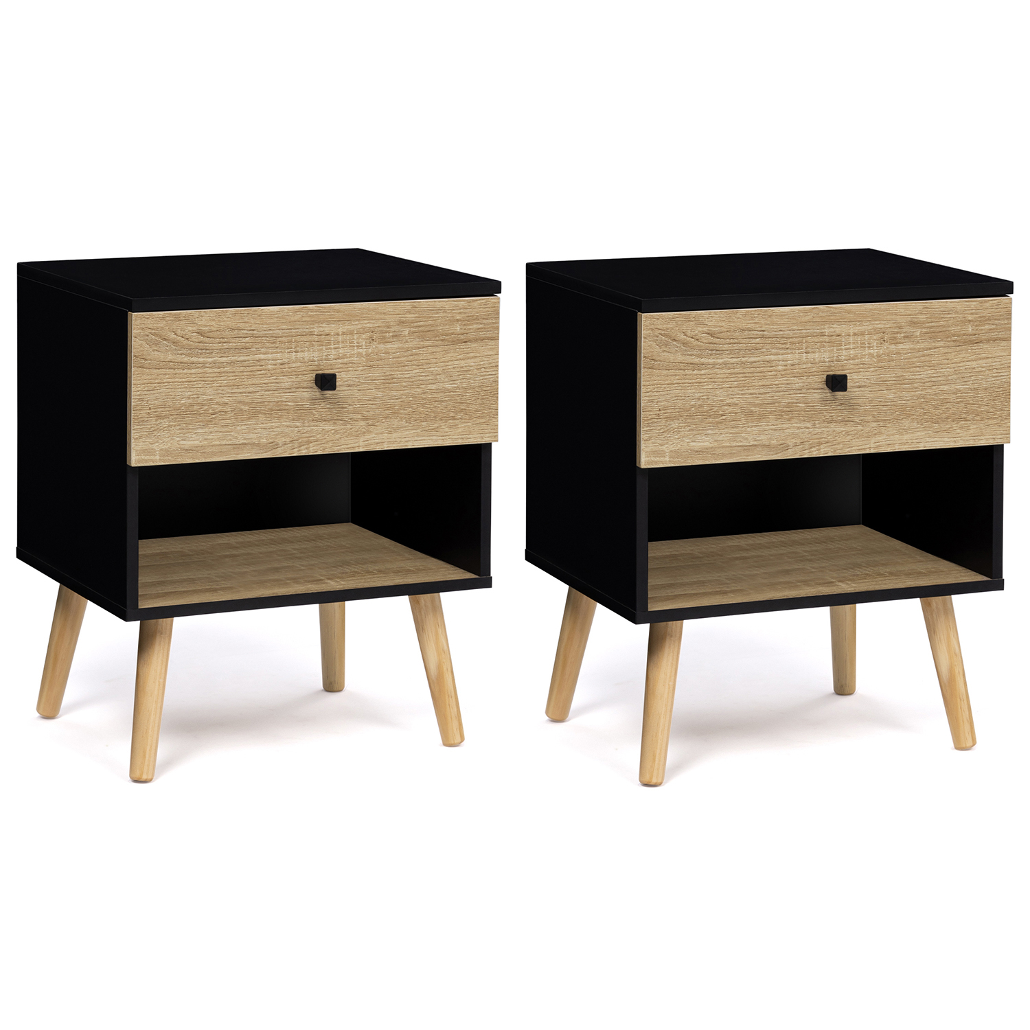 Lot de 2 tables de chevet scandinaves bois et noir 1 tiroir