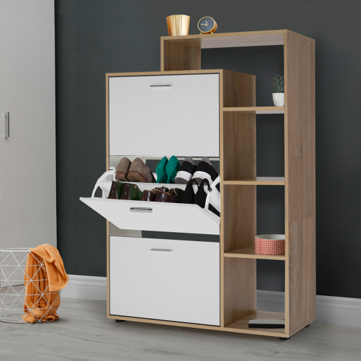 Meuble à chaussures imitation hêtre 3 portes blanches avec étagère