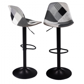 Lot de 2 tabourets de bar KARL design patchworks noirs, gris et blancs pied noir