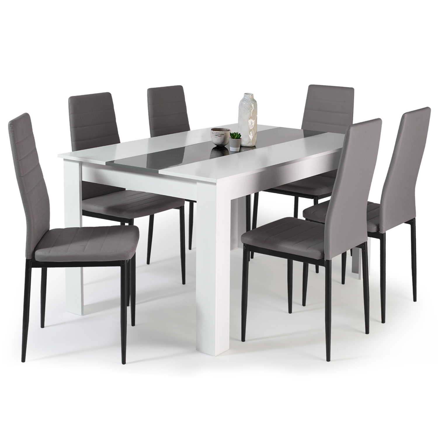 Table à manger blanche et grise 140 cm avec 6 chaises grises