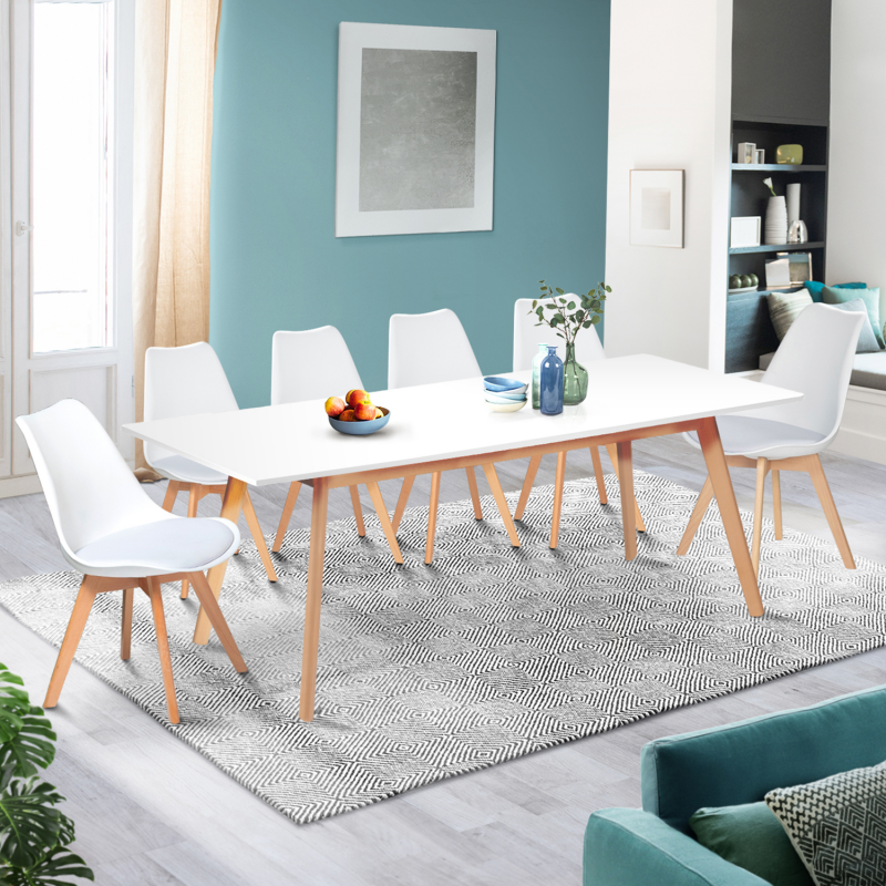 Ensemble table à manger extensible INGA 160-200 cm et 6 chaises SARA  blanches design scandinave