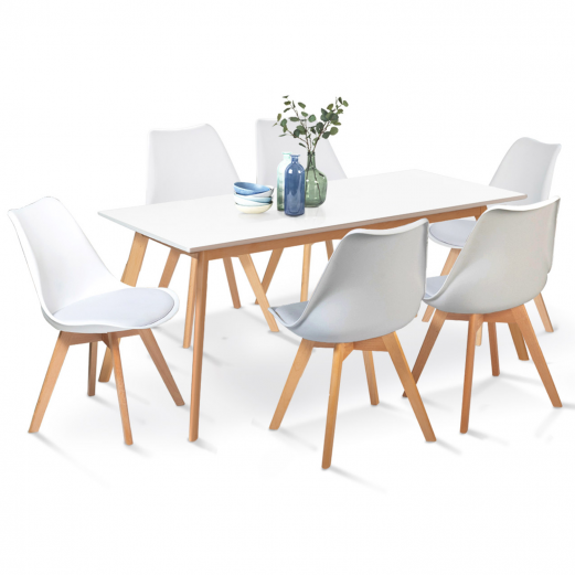 Ensemble table à manger extensible INGA 160-200 cm et 6 chaises SARA blanches design scandinave Ensemble table à manger extensible INGA 160-200 cm et 6 chaises SARA blanches design scandinave