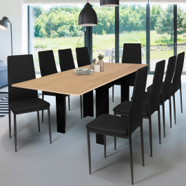 Table à manger extensible DONA 6-10 personnes noir plateau façon hêtre 110-220 cm