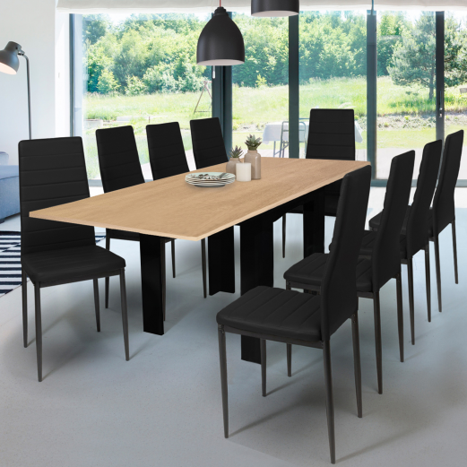 Table à manger extensible rectangle DONA 6-10 personnes noir plateau façon hêtre 110-220 cm