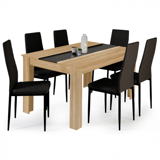 Ensemble table à manger GEORGIA 140 cm imitation hêtre et noire et 6 chaises ROMANE noires Ensemble table à manger GEORGIA 140 cm imitation hêtre et noire et 6 chaises ROMANE noires