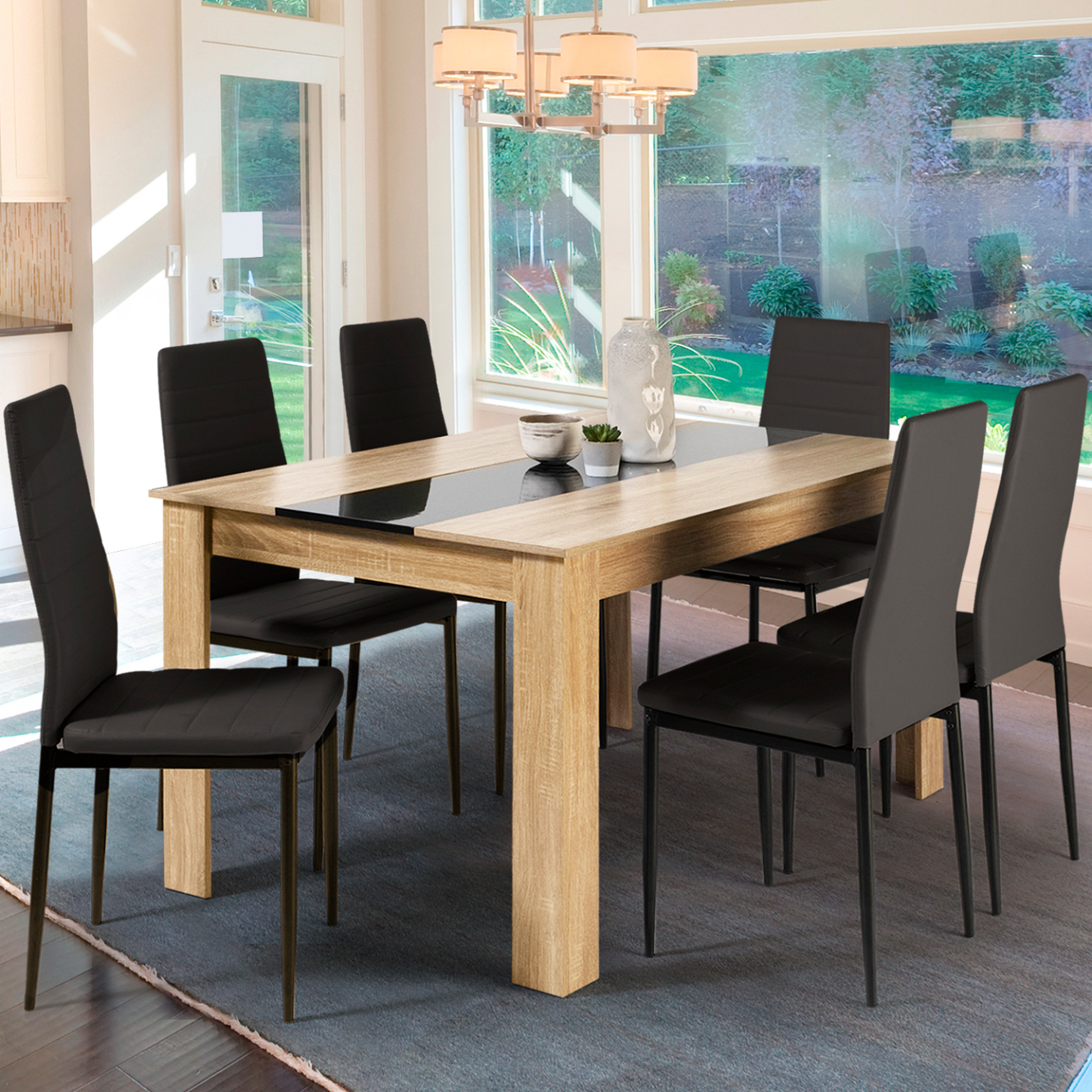 Grande Table à Manger En Bois Et Métal + 6 Chaises Assorties (avec Coussins)