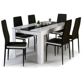 Ensemble table à manger GEORGIA 140 cm blanche et noire et 6 chaises ROMANE noires liseré blanc Ensemble table à manger GEORGIA 140 cm blanche et noire et 6 chaises ROMANE noires liseré blanc