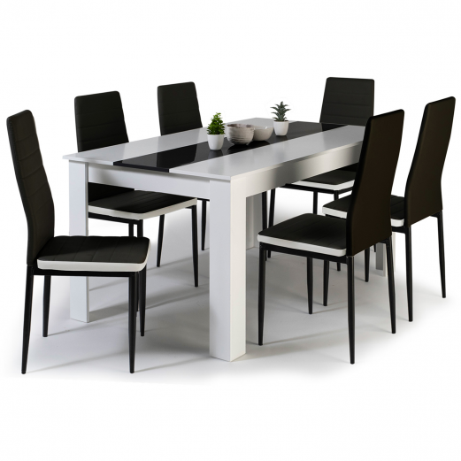 Ensemble table à manger GEORGIA 140 cm blanche et noire et 6 chaises ROMANE noires liseré blanc
