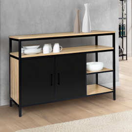 IDMarket Buffet Bas 140 Cm Ester 4 Portes – Style Industriel Noir Métal + Plateau Bois Hêtre, Rangement Cuisine Salon Entrée, Étagères Ajustables