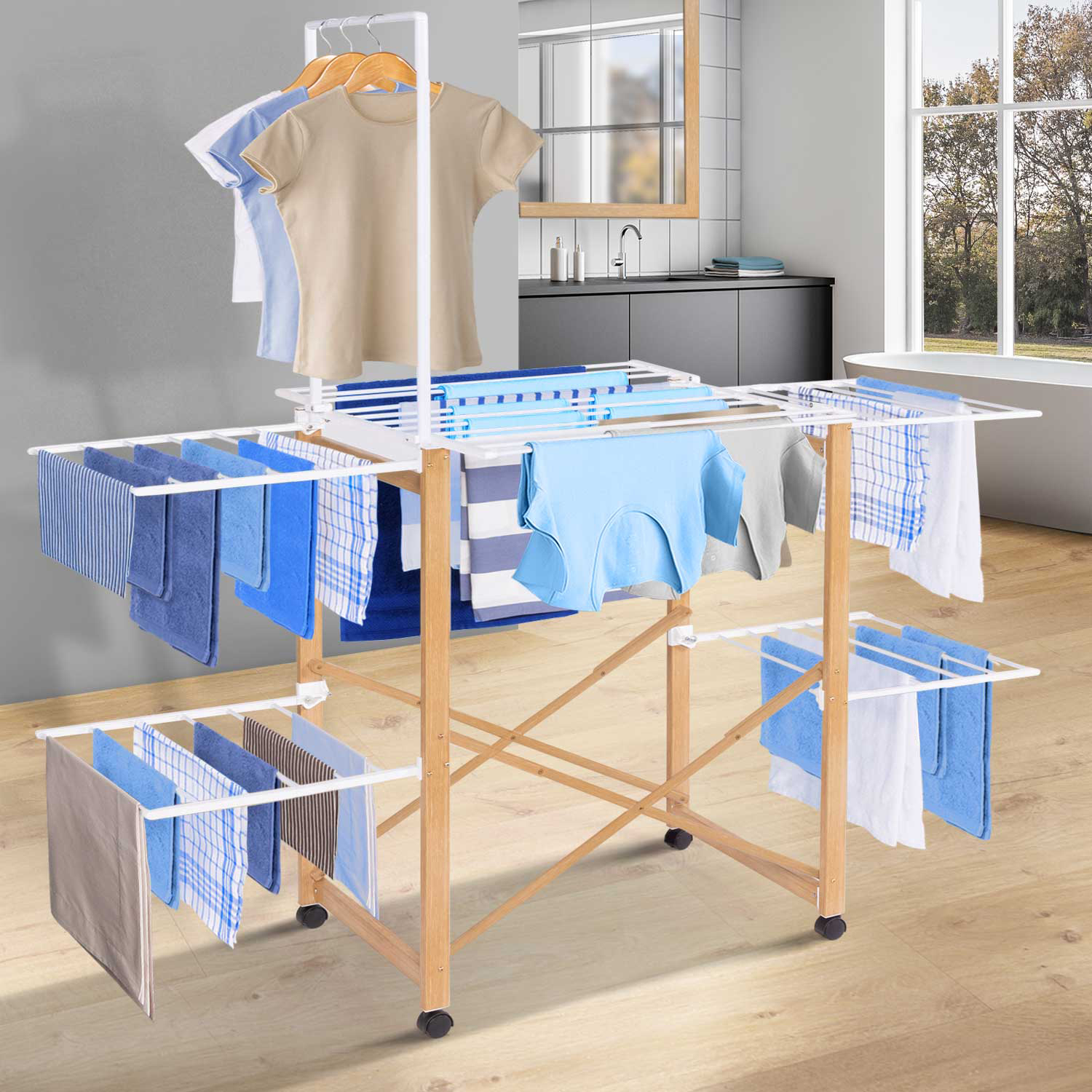 Étendoir à linge pliable avec penderie imitation bois pas cher