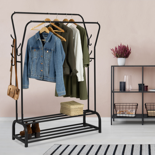 Portant à Vêtements Double Cannes Autoportant - Avec 8 Crochets Et 2 étagères à Chaussures, En Métal Noir | Pour Chambre, Rangement Pratique