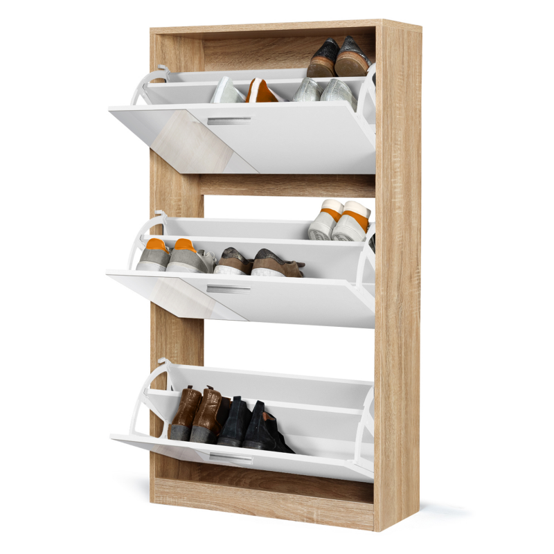 Meuble à chaussures KLARK imitation hêtre 3 portes blanches avec miroirs