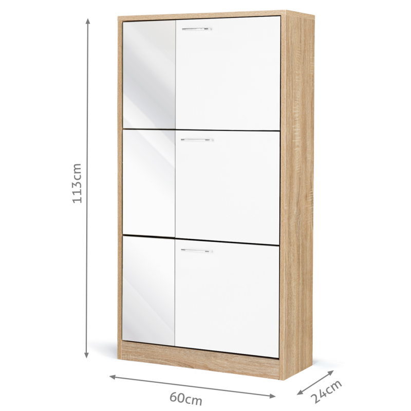 Meuble à chaussures KLARK imitation hêtre 3 portes blanches avec miroirs