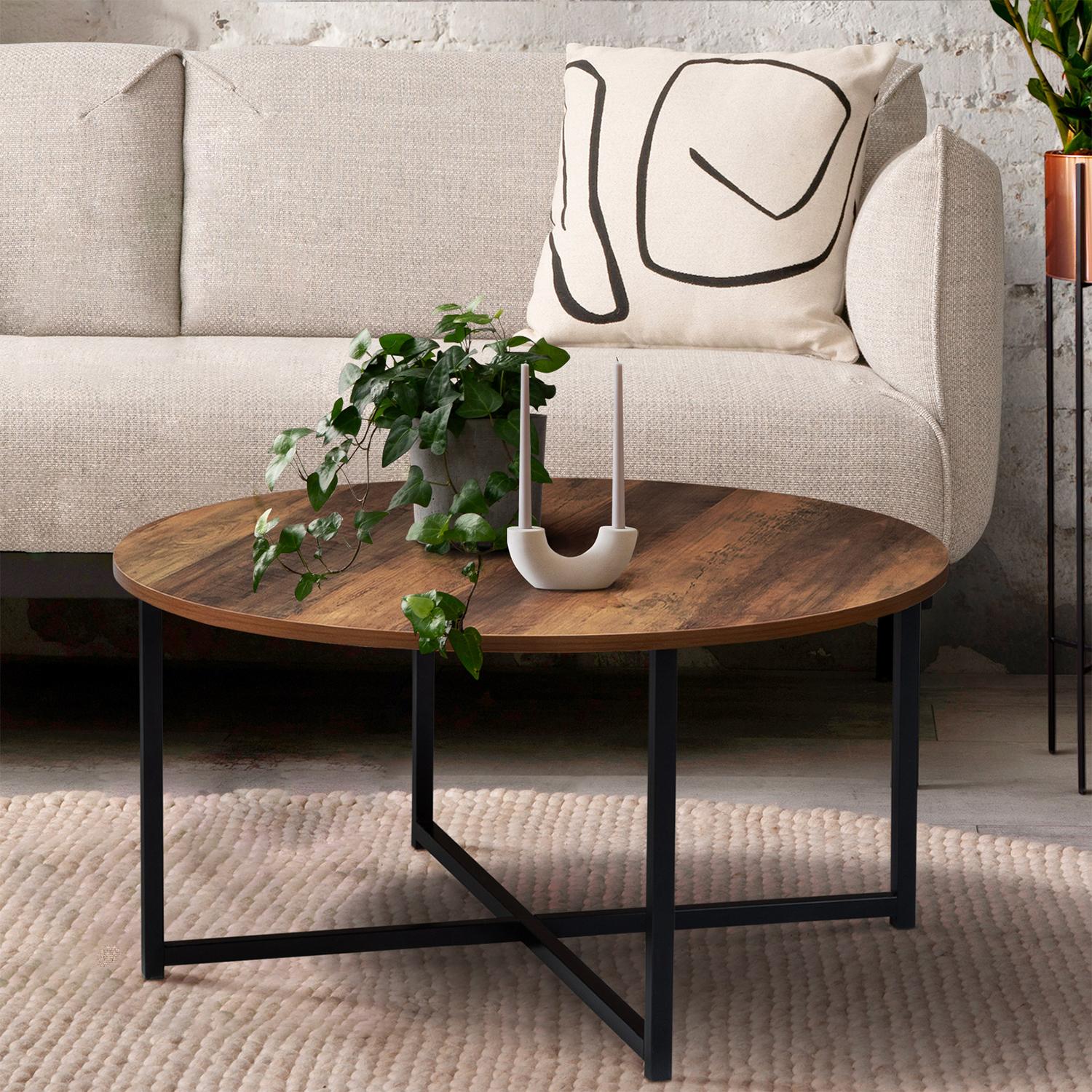 Table basse ronde style industriel bois foncé 80 cm