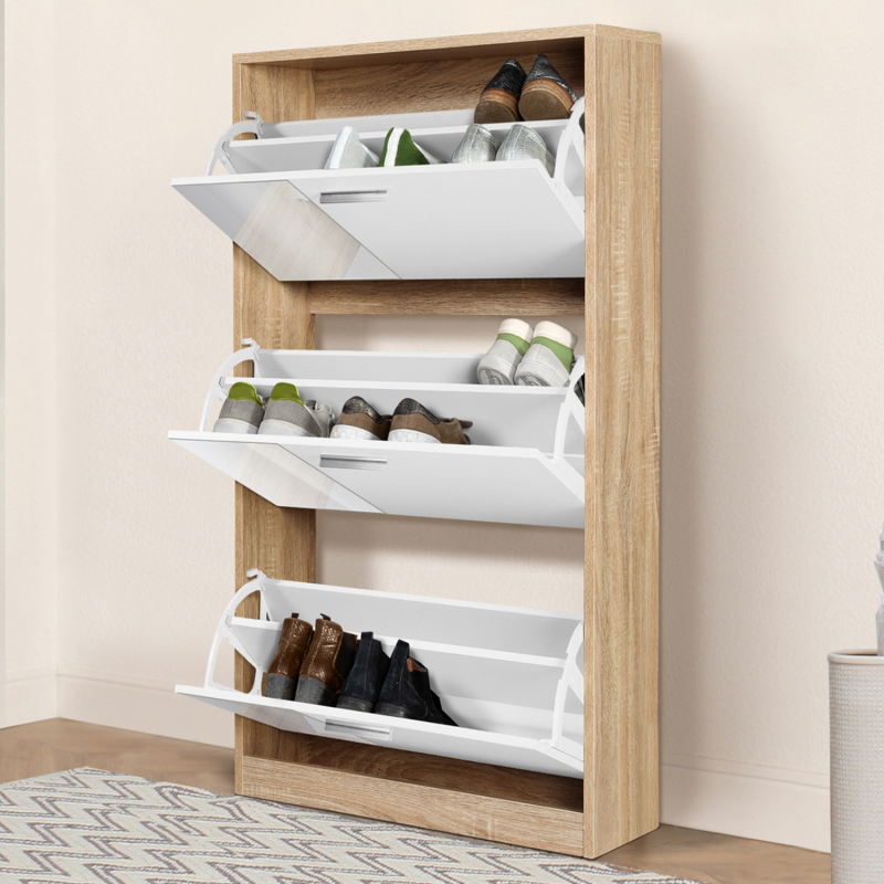 Meuble à chaussures KLARK imitation hêtre 3 portes blanches avec miroirs