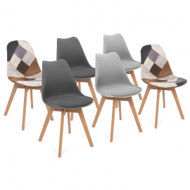 Lot de 6 chaises scandinaves SARA gris foncé x2, gris clair x2 et patchworks marron