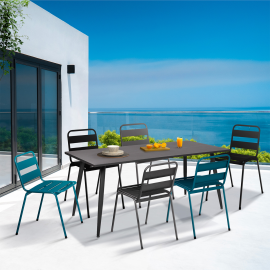 Salon de jardin en acier table 180 CM gris anthracite et 6 chaises empilables mix color gris anthracite, noir et bleu
